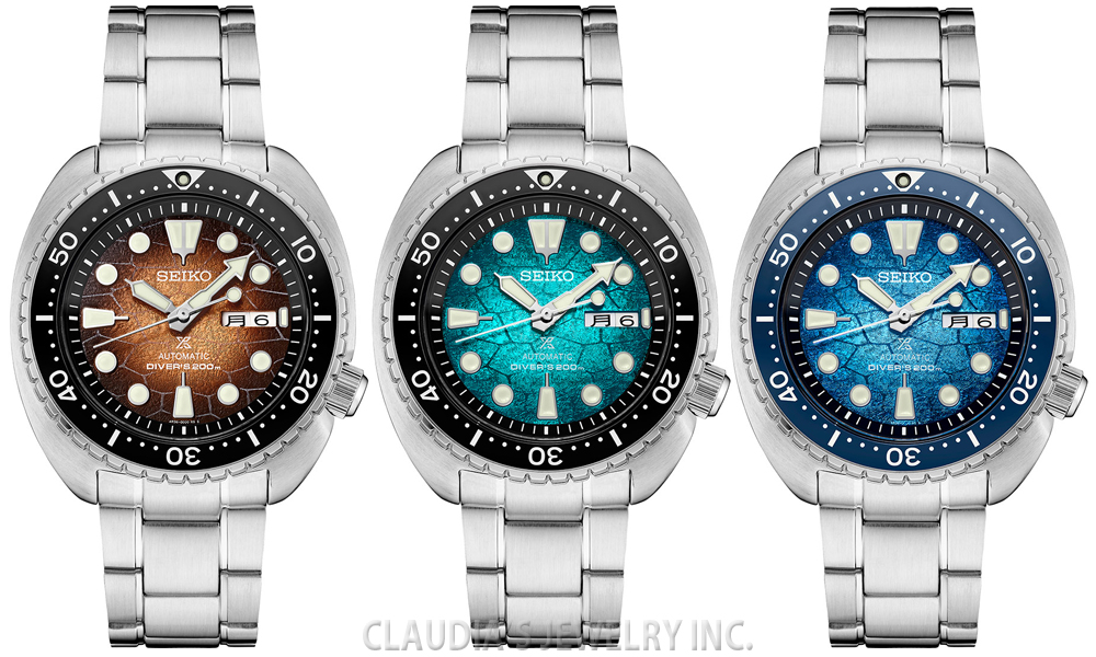 New Seiko Prospex Turtle With Turtle Shell Inspired Dials SRPH55 SRPH57  SRPH59 Ocean Conservation - Claudias Jewelry Inc