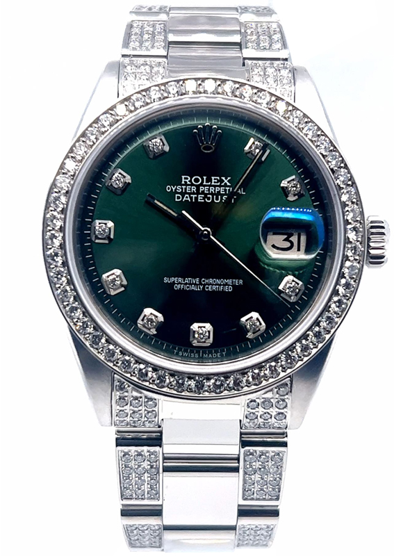 ROLEX DATEJUST DIAMOND OYSTER BAND GREEN DIAL 1603 36MM