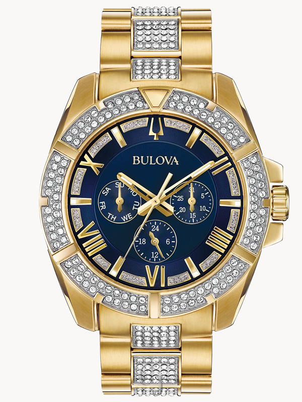 BULOVA CRYSTAL OCTAVA GOLD BLUE DIAL WATCH 98C128