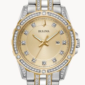 BULOVA CRYSTAL CHAMPAGNE DIAL STAINLESS STEEL WATCH W/BRACLET CRYSTAL BOX SET 98K106