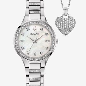 BULOVA CLASSIC CRYSTAL ACCENT MOTHER OF PEARL DIAL STAINLESS STEEL BOXED SET WOMEN’S WATCH 96X162