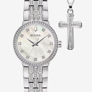 BULOVA CRYSTAL ACCENT MOTHER OF PEARL DIAL STAINLESS STEEL WOMEN’S CLASSIC BOX SET 96X163