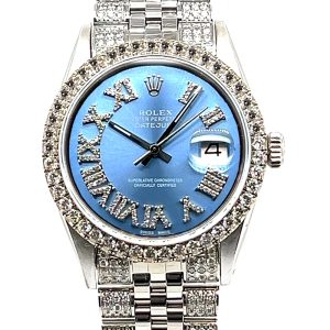 ROLEX DATEJUST DIAMOND ICED OUT 36 MM BABY BLUE DIAL STAINLESS STEEL JUBILEE BRACELET