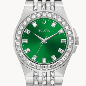 BULOVA CRYSTAL GREEN DIAL MEN’S STAINLESS STEEL WATCH 96A253