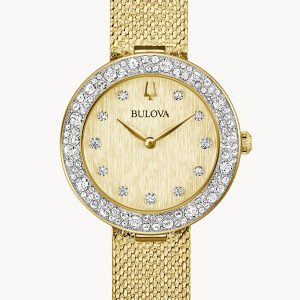 BULOVA CRYSTAL CHAMPAGNE DIAL STAINLESS STEEL WOMEN’S WATCH 98L321