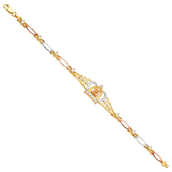 14K Tri-Color Quinceañera Crown CZ Bracelet