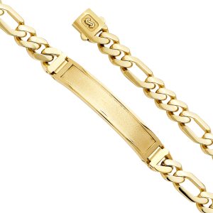 14K Yellow 9.5mm Hollow Figaro Monaco Bracelet with Frame ID