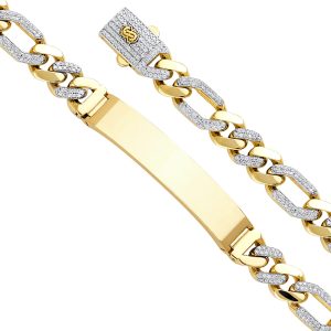 14K Yellow 9.5mm Hollow Figaro CZ Monaco Bracelet with Plain ID