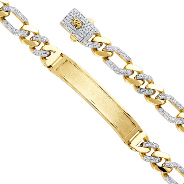 14K Yellow 9.5mm Hollow Figaro CZ Monaco Bracelet with Frame ID