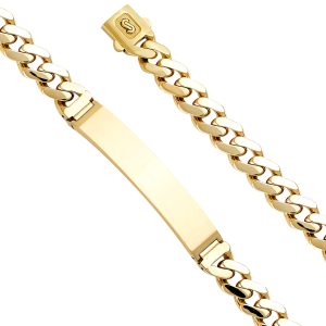 14K Yellow 9.5mm Hol Cuban Monaco Bracelet with Plain ID