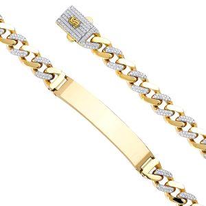 14K Yellow 9.5mm Hollow Cuban CZ Monaco Bracelet with Plain ID