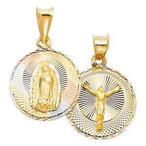 14K Tri-Color Double Side Religious Stamp Pendant