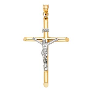 14K 2Tone Hollow Round Tube Crucifix