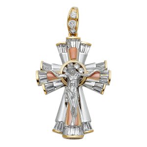 14K Tri-Color CZ Fancy Crucufix Pendant