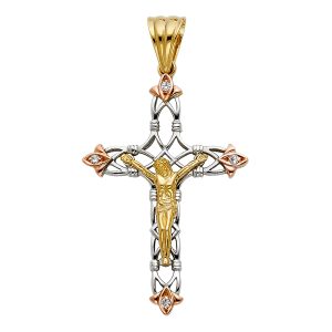 14K Tri-Color CZ Fancy Crucufix Pendant