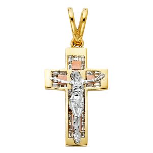 14K Tri-Color CZ Fancy Crucufix Pendant