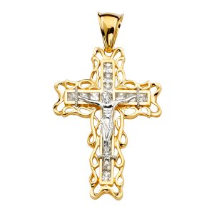 14K 2Tone CZ Crucufix Cross Pendant