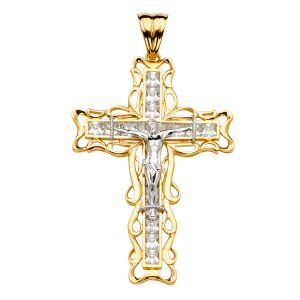 14K 2Tone CZ Crucufix Cross Pendant