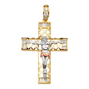 14K Tri-Color CZ Crucufix Cross Pendant