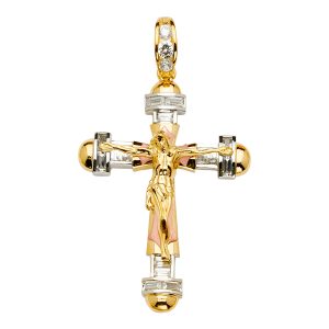 14K Tri-Color CZ Crucufix Cross Pendant