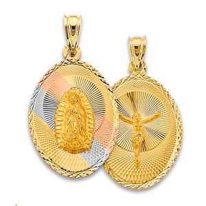 14K Tri-Color Double Side Religious Stamp Pendant