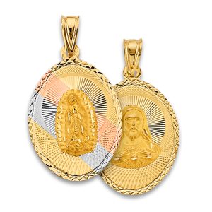 14K Tri-Color Double Side Religious Stamp Pendant