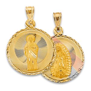 14K Tri-Color Double Side Religious Stamp Pendant