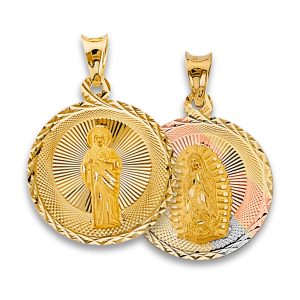 14K Tri-Color Double Side Religious Stamp Pendant