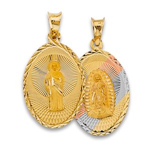 14K Tri-Color Double Side Religious Stamp Pendant