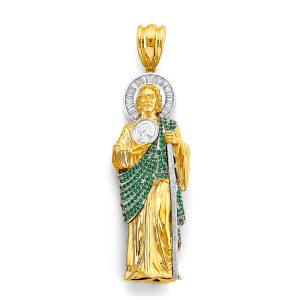 14K 2Tone CZ St. Jude Thaddues 3D Pendant