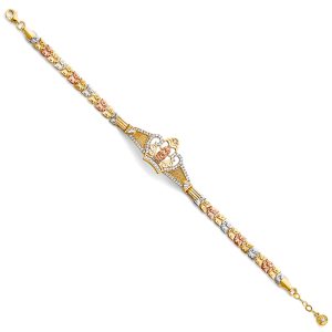 14k Gold Tri-Color Guadalupe Crown ID CZ Bracelet